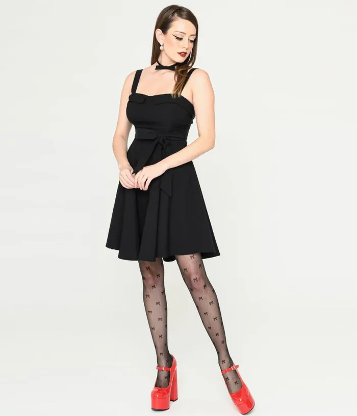 Black Bow Fit and Flare Mini Dress DressesPlus Unique Vintage Fit and Flare