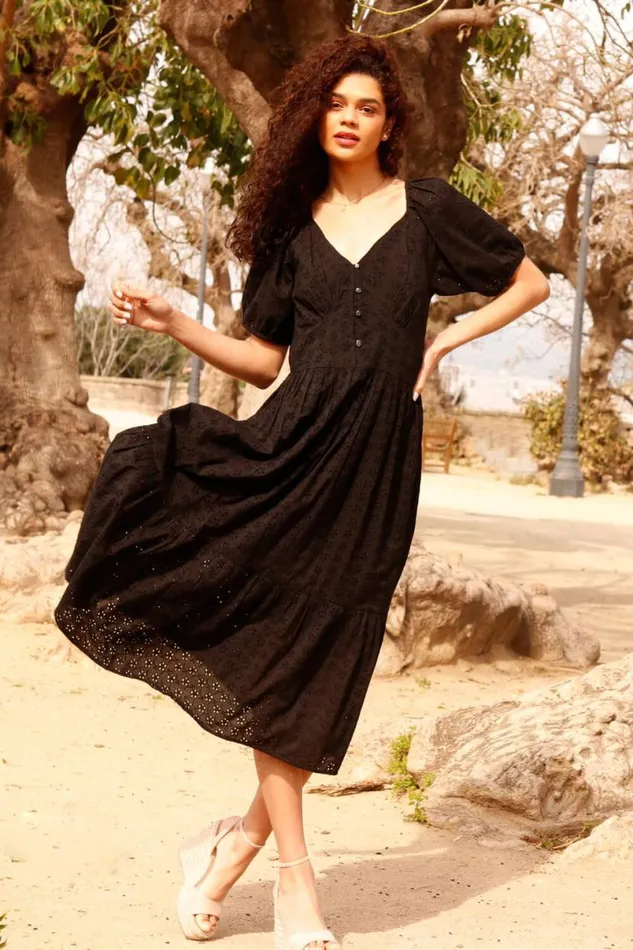 Black Broderie Puff Sleeve Cotton Midi Dress Women Roman Dresses