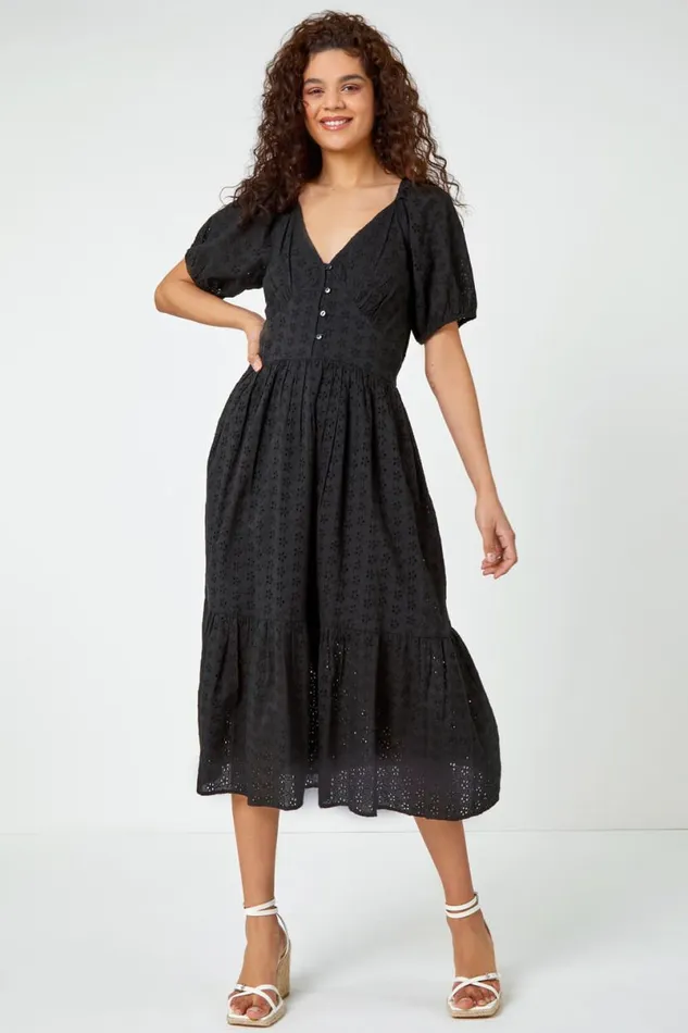 Black Broderie Puff Sleeve Cotton Midi Dress Women Roman Dresses