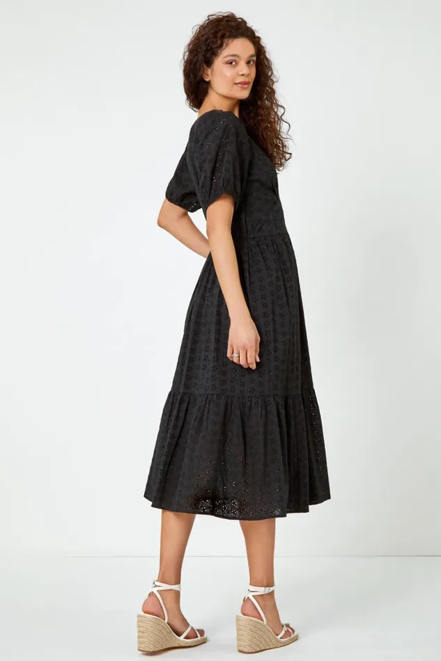 Black Broderie Puff Sleeve Cotton Midi Dress Women Roman Dresses