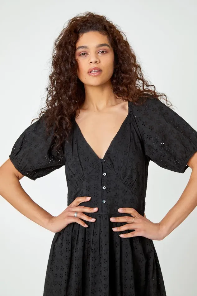 Black Broderie Puff Sleeve Cotton Midi Dress Women Roman Dresses