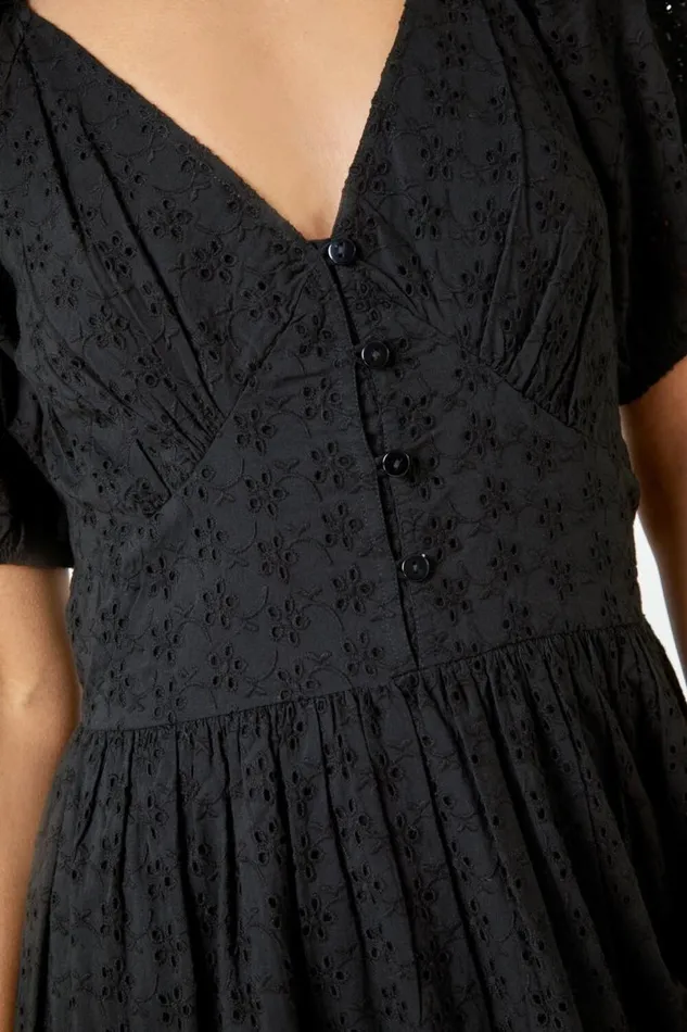 Black Broderie Puff Sleeve Cotton Midi Dress Women Roman Dresses