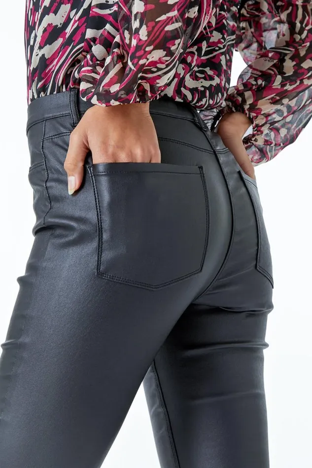 Black Coated Faux Leather Jeggings Women Roman Trousers