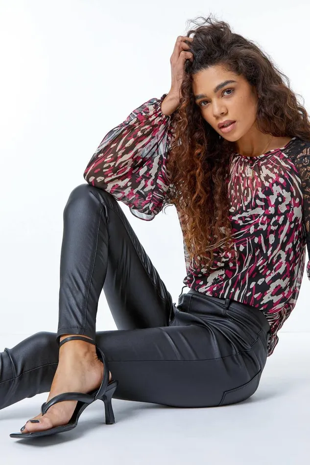 Black Coated Faux Leather Jeggings Women Roman Trousers