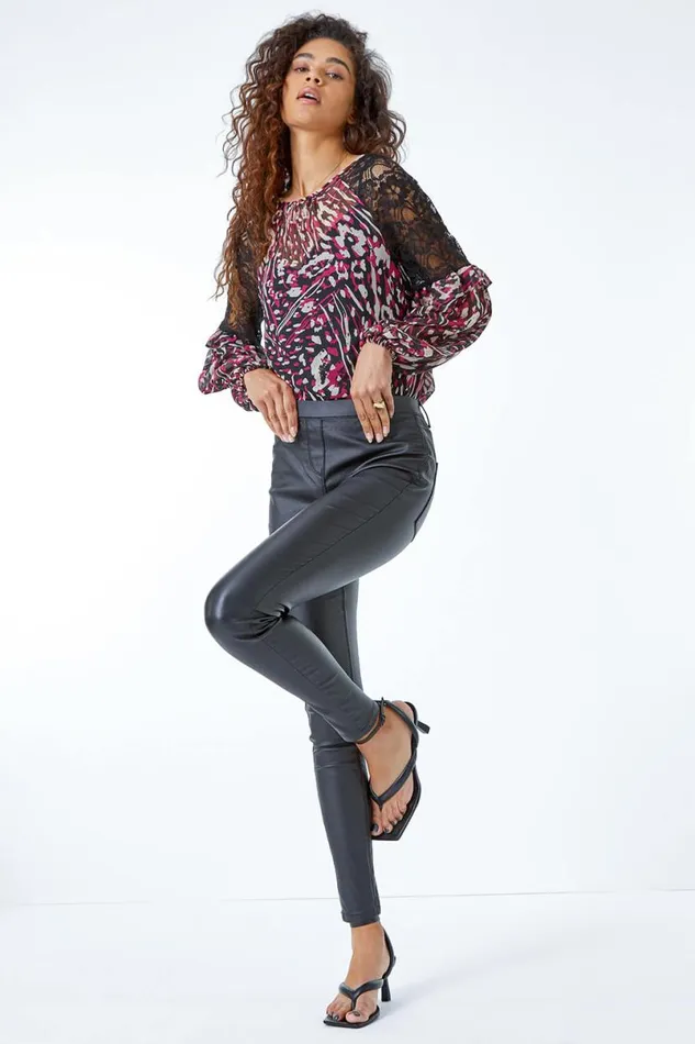 Black Coated Faux Leather Jeggings Women Roman Trousers