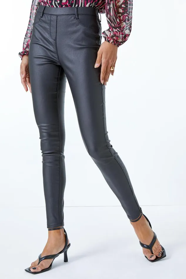 Black Coated Faux Leather Jeggings Women Roman Trousers