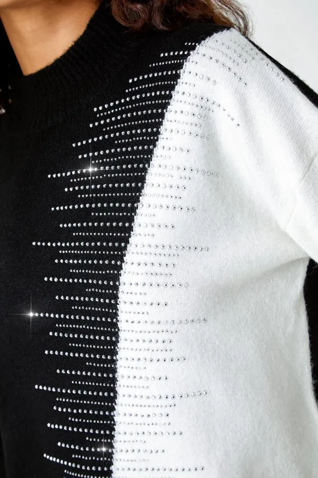 Black Colour Block Embellished Stretch Jumper Women Roman Knitwear