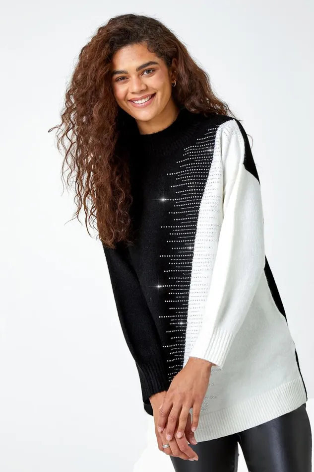Black Colour Block Embellished Stretch Jumper Women Roman Knitwear
