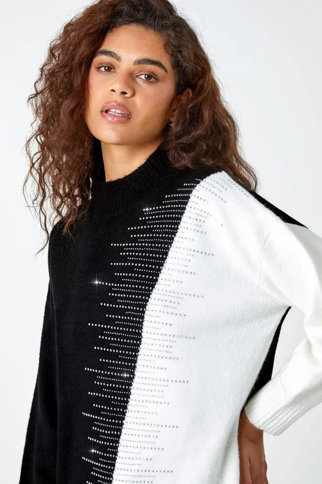 Black Colour Block Embellished Stretch Jumper Women Roman Knitwear