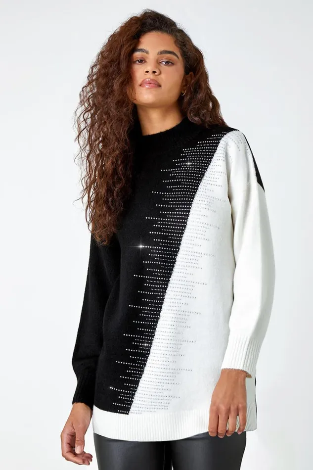 Black Colour Block Embellished Stretch Jumper Women Roman Knitwear
