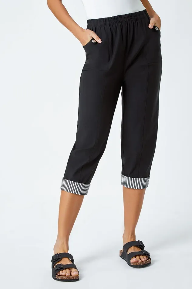 Black Contrast Elastic Waist Cropped Trousers Women Roman Trousers