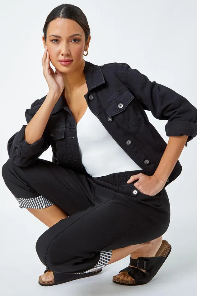 Black Contrast Elastic Waist Cropped Trousers Women Roman Trousers