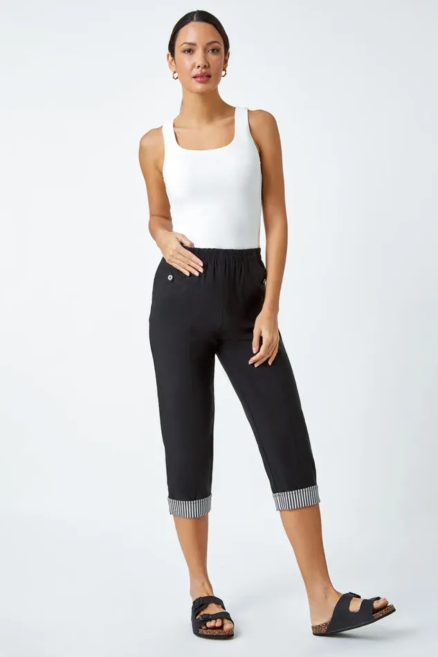 Black Contrast Elastic Waist Cropped Trousers Women Roman Trousers