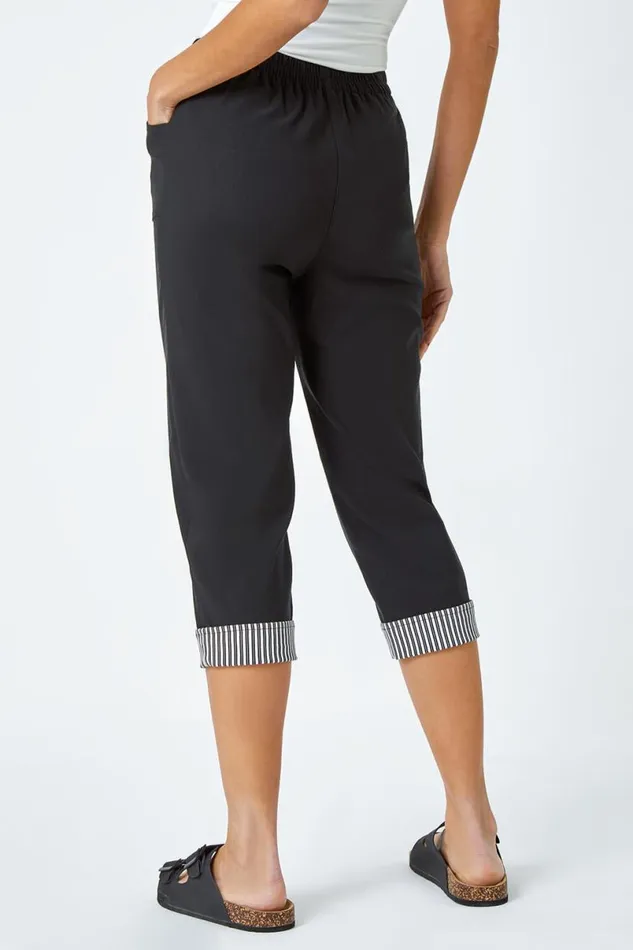 Black Contrast Elastic Waist Cropped Trousers Women Roman Trousers