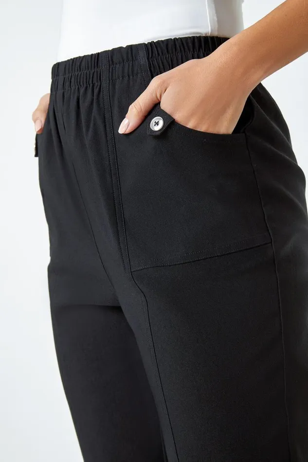 Black Contrast Elastic Waist Cropped Trousers Women Roman Trousers