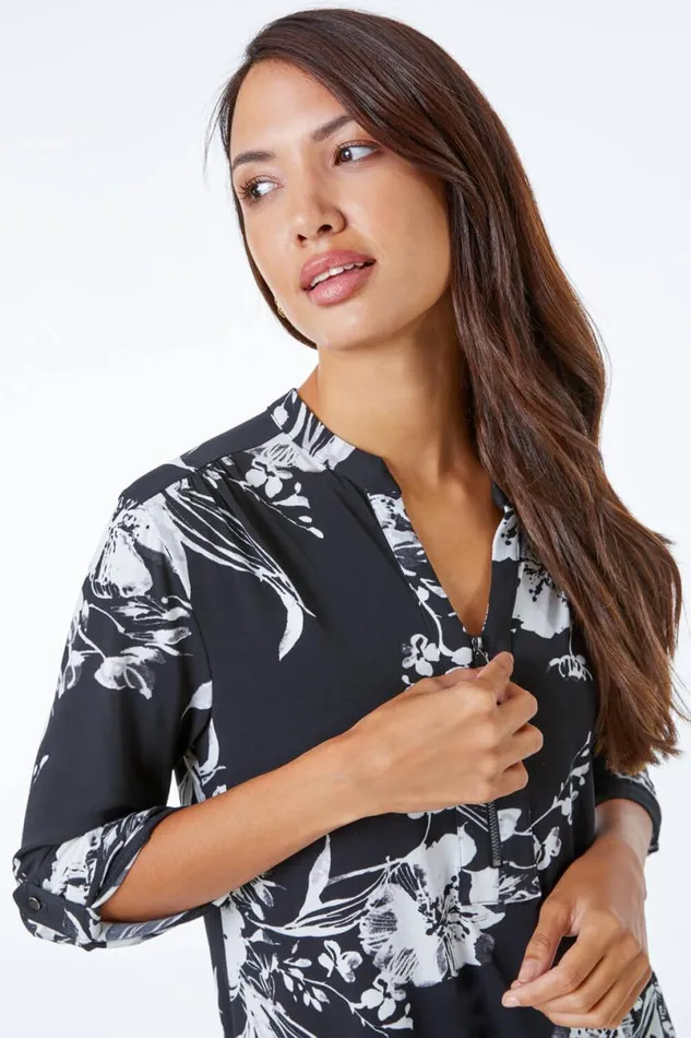 Black Contrast Floral Print Zip Detail Longline Top Women Roman Tops