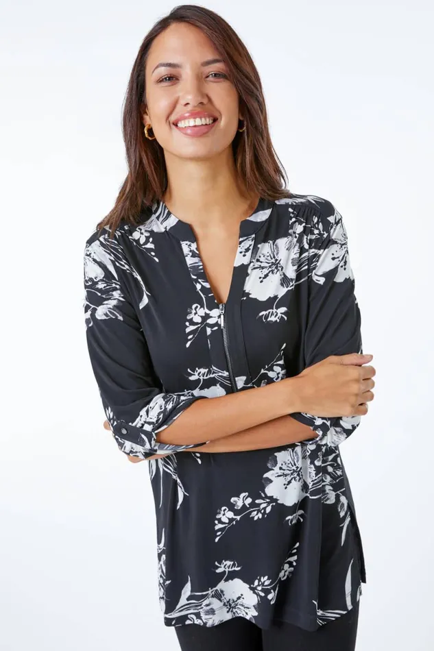Black Contrast Floral Print Zip Detail Longline Top Women Roman Tops
