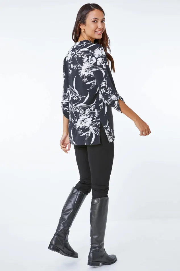 Black Contrast Floral Print Zip Detail Longline Top Women Roman Tops