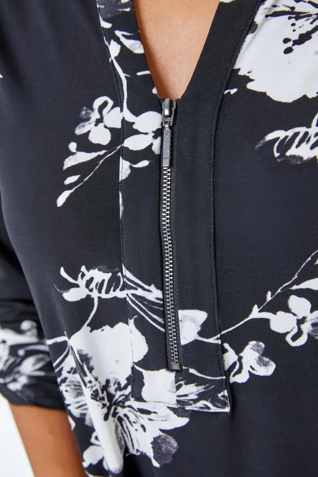 Black Contrast Floral Print Zip Detail Longline Top Women Roman Tops
