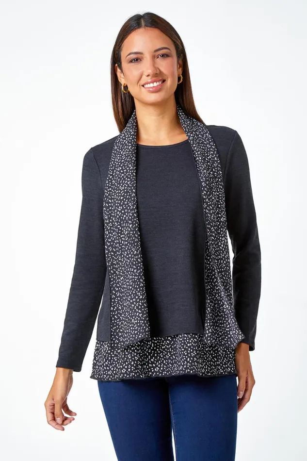 Black Contrast Plisse Hem Stretch Top and Scarf Women Roman Tops