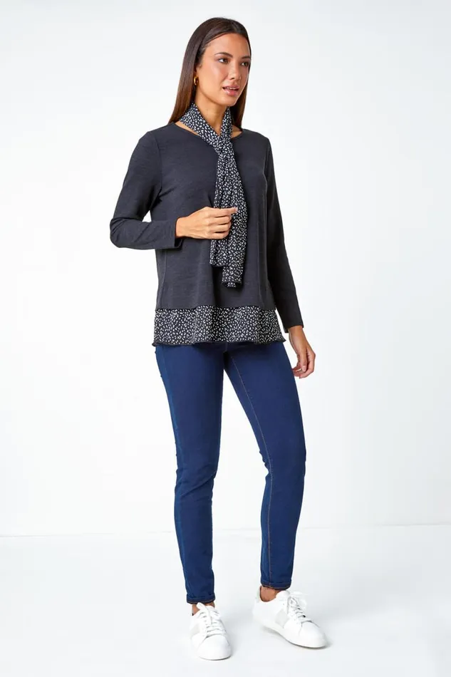 Black Contrast Plisse Hem Stretch Top and Scarf Women Roman Tops