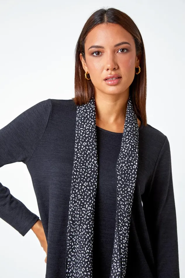 Black Contrast Plisse Hem Stretch Top and Scarf Women Roman Tops