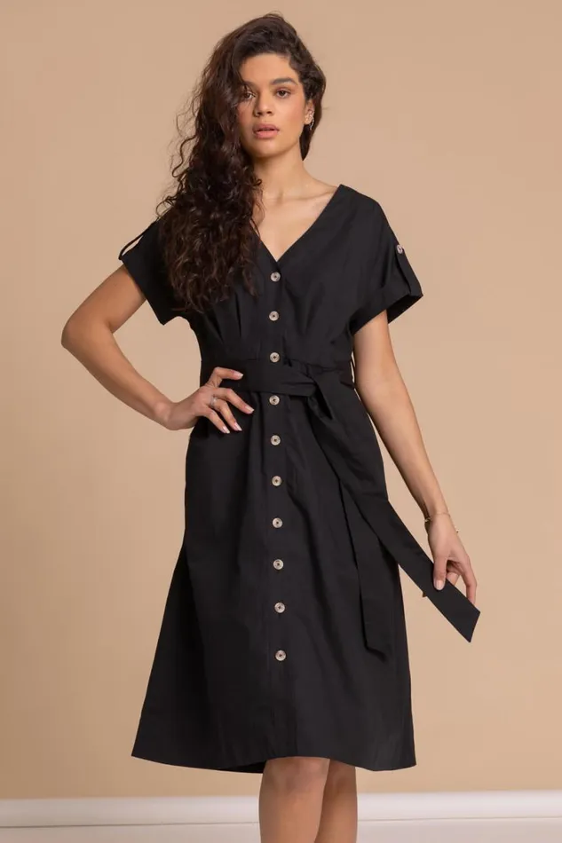 Black Cotton Belted Midi Shirt Dress Women Roman Dresses