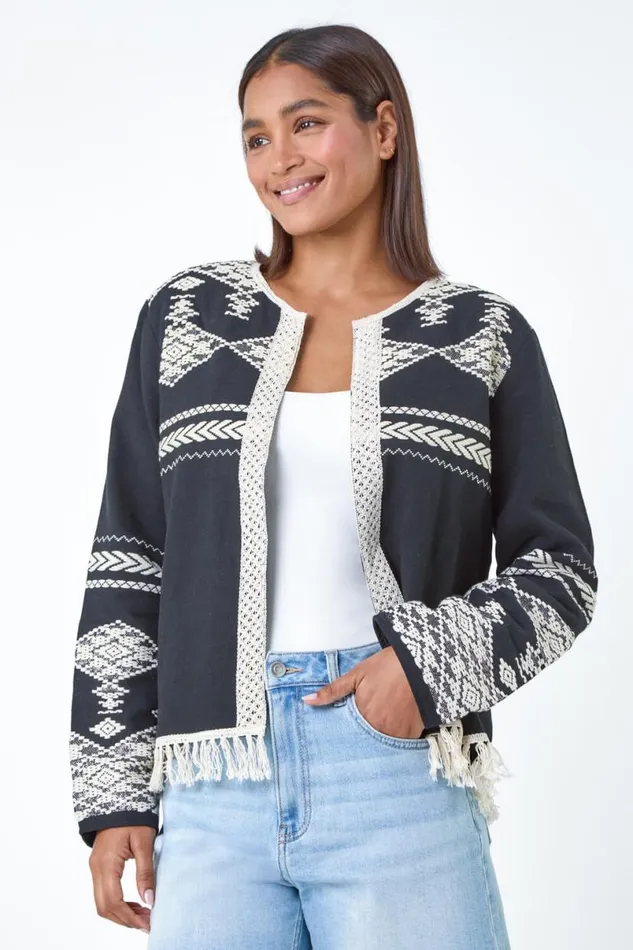Black Cotton Blend Aztec Fringe Detail Jacket Women Roman Jackets