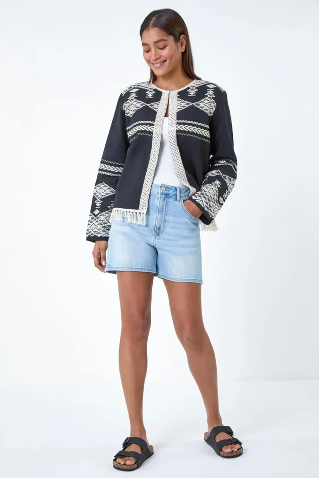 Black Cotton Blend Aztec Fringe Detail Jacket Women Roman Jackets