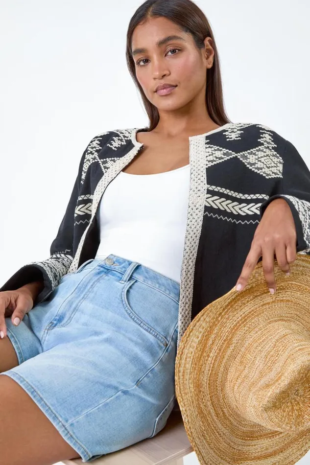 Black Cotton Blend Aztec Fringe Detail Jacket Women Roman Jackets