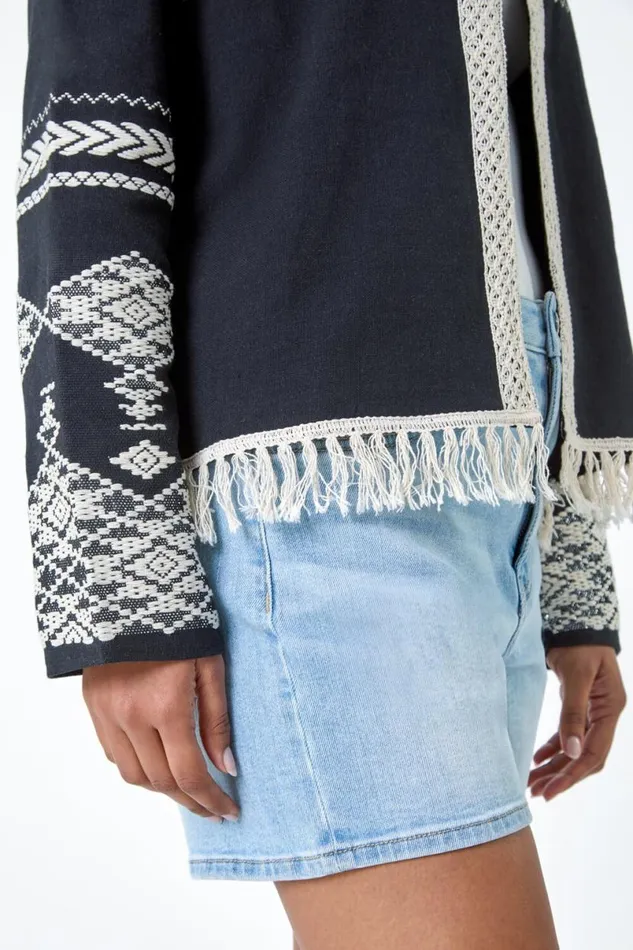 Black Cotton Blend Aztec Fringe Detail Jacket Women Roman Jackets