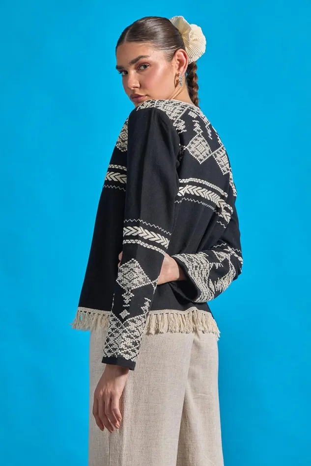 Black Cotton Blend Aztec Fringe Detail Jacket Women Roman Jackets
