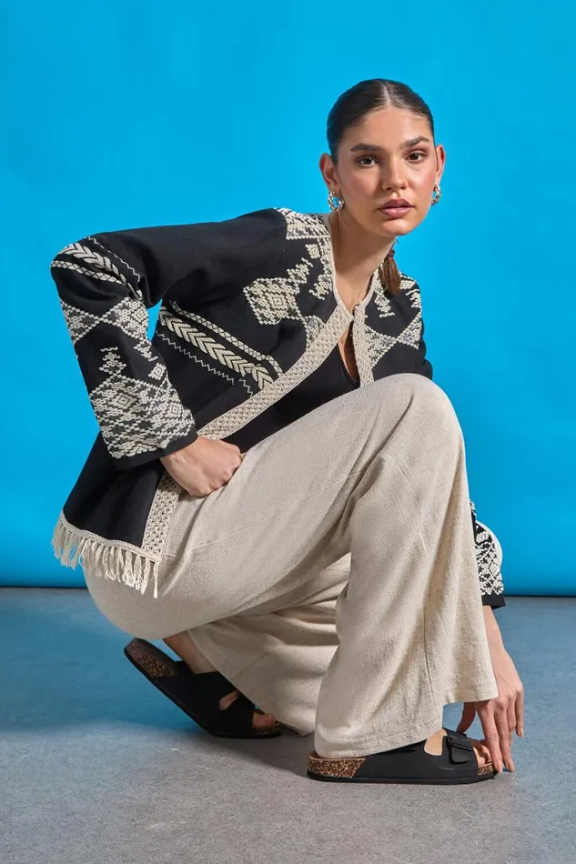 Black Cotton Blend Aztec Fringe Detail Jacket Women Roman Jackets