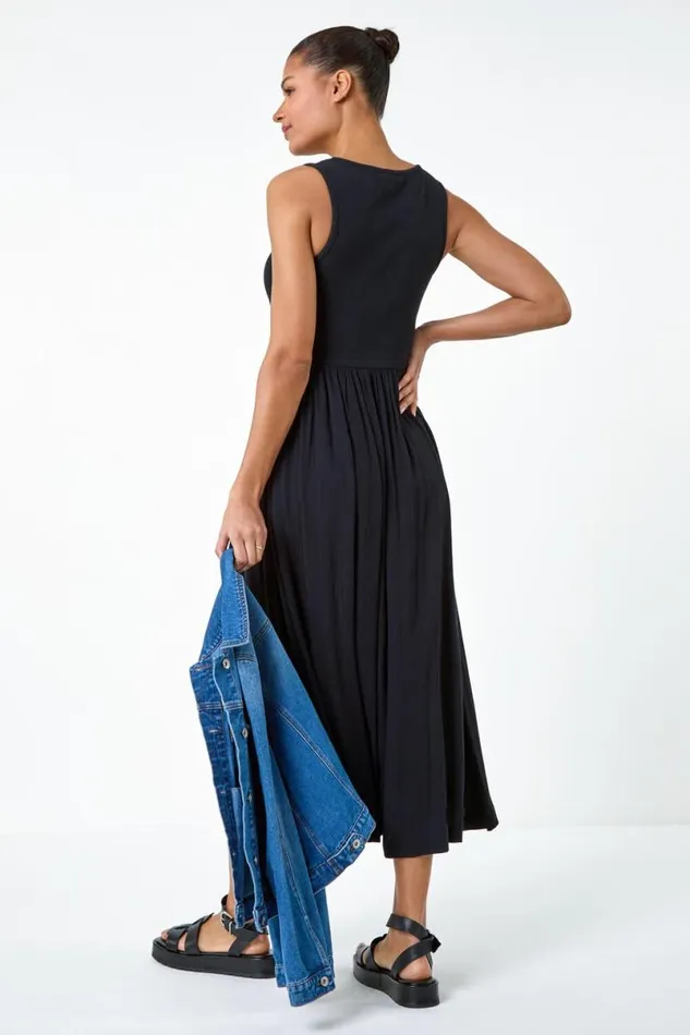 Black Cotton Blend Lace Detail Midi Dress Women Roman Dresses