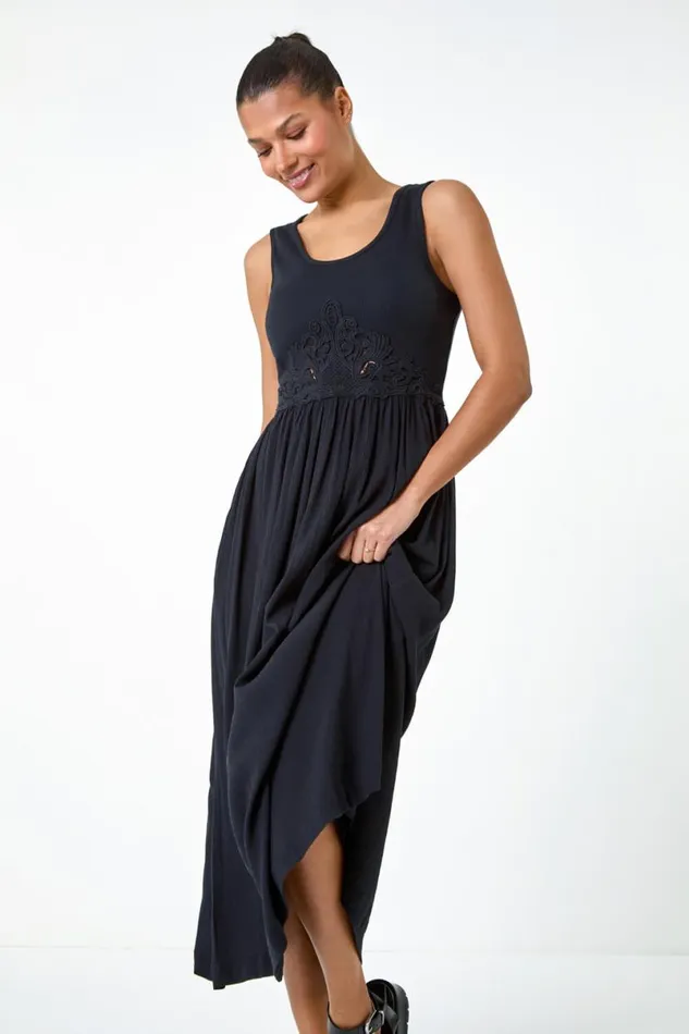 Black Cotton Blend Lace Detail Midi Dress Women Roman Dresses