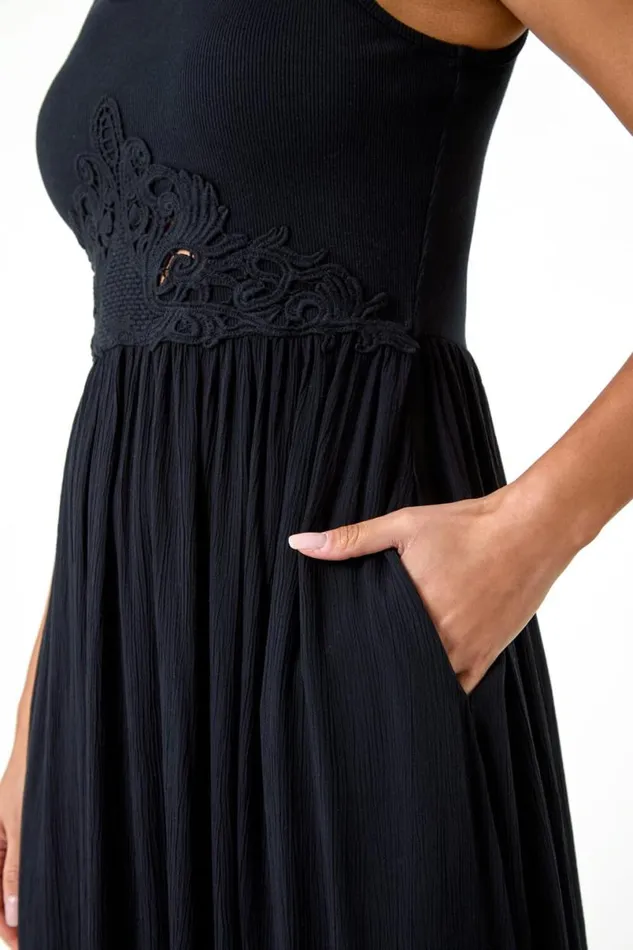 Black Cotton Blend Lace Detail Midi Dress Women Roman Dresses
