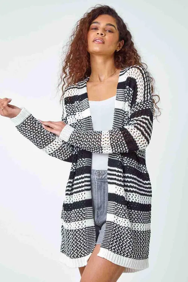 Black Cotton Blend Stripe Longline Cardigan Women Roman Knitwear