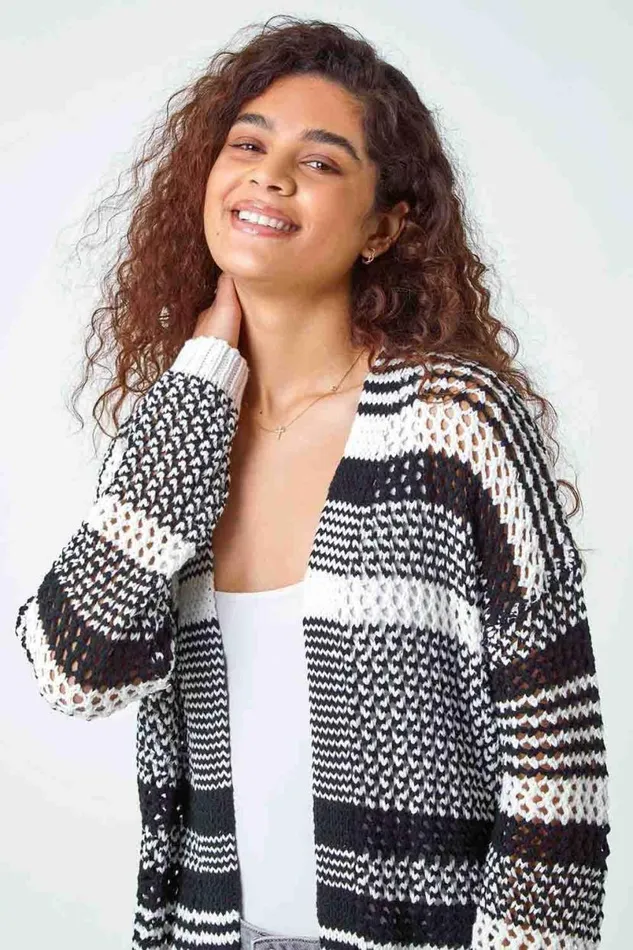 Black Cotton Blend Stripe Longline Cardigan Women Roman Knitwear