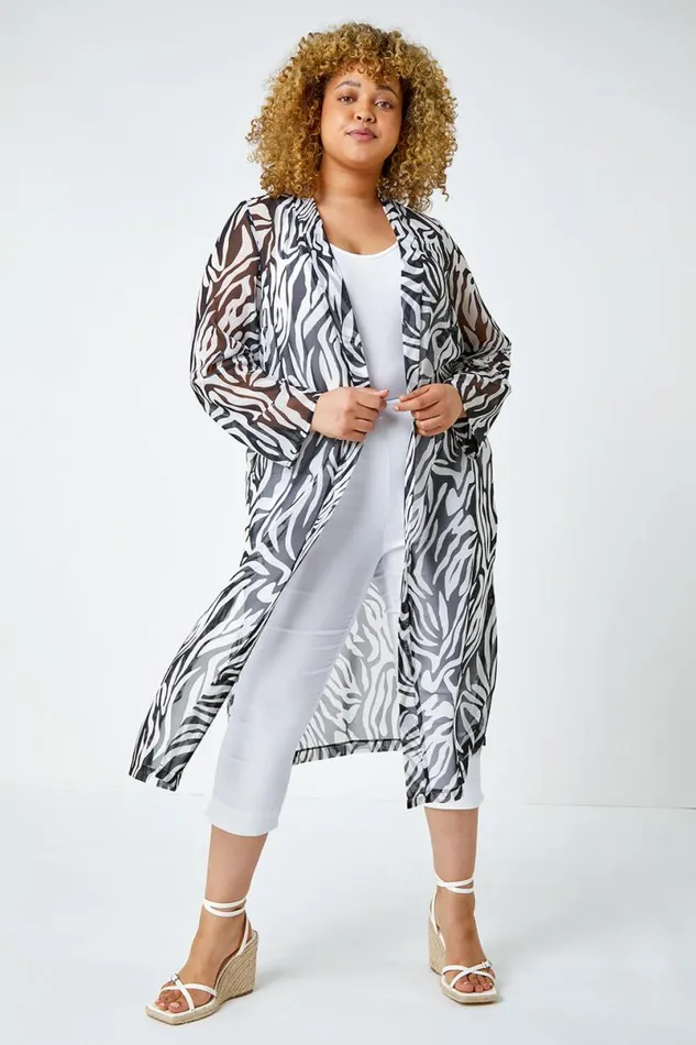 Black Curve Abstract Print Longline Kimono Women Roman Tops