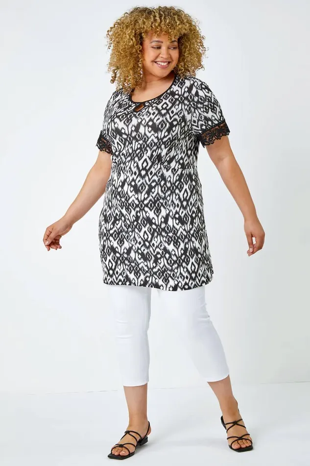 Black Curve Aztec Lace Trim Stretch Top Women Roman Tops