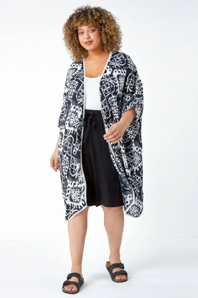 Black Curve Aztec Print Longline Kimono Women Roman Tops