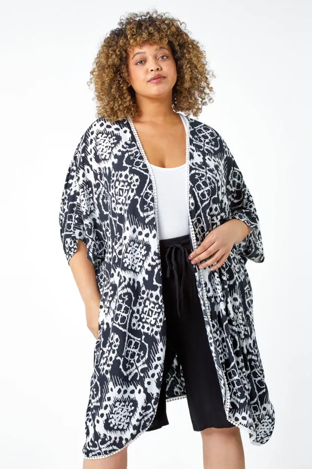 Black Curve Aztec Print Longline Kimono Women Roman Tops