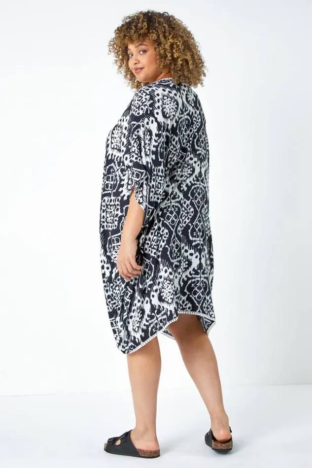 Black Curve Aztec Print Longline Kimono Women Roman Tops