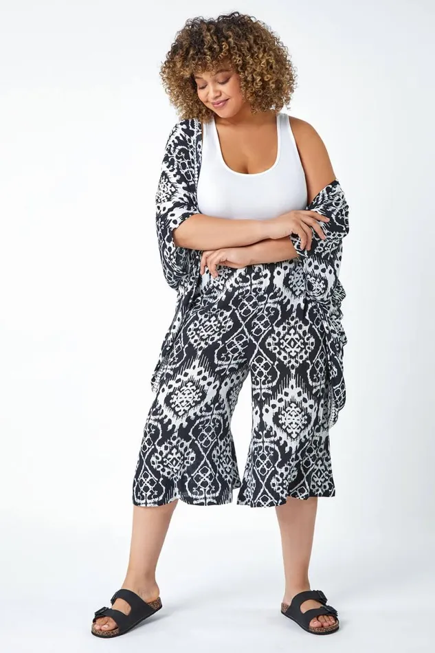 Black Curve Aztec Print Longline Kimono Women Roman Tops