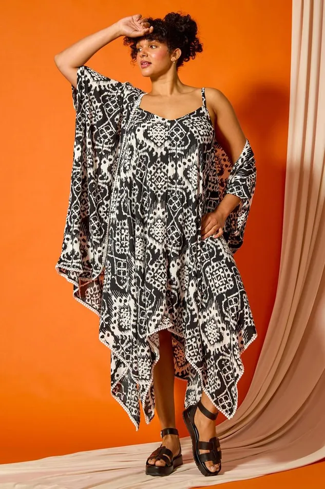 Black Curve Aztec Print Longline Kimono Women Roman Tops