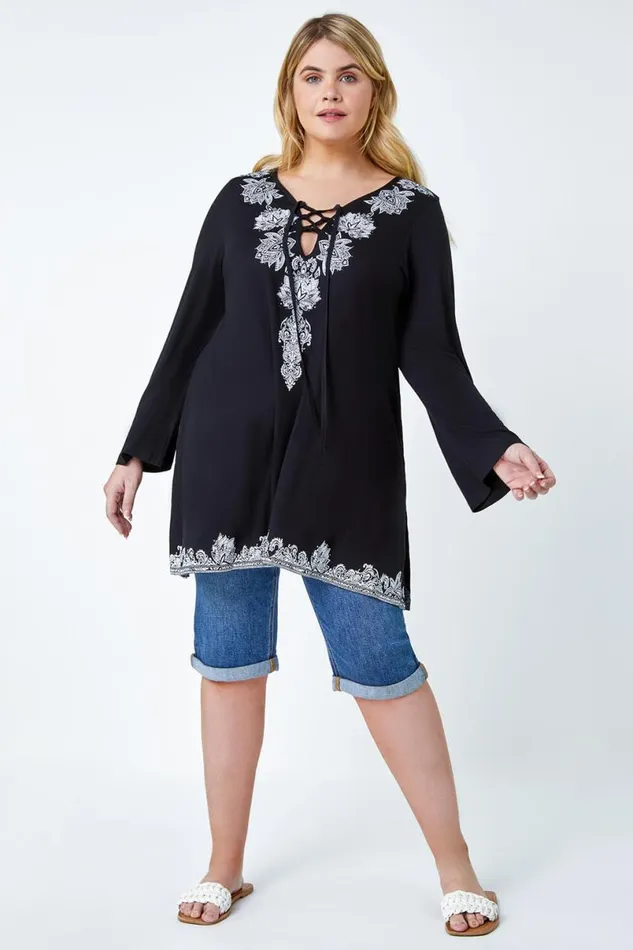 Black Curve Border Print VNeck Lace Up Tunic Top Women Roman Tops