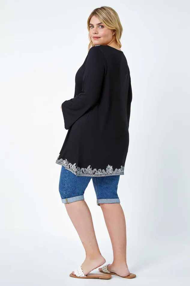 Black Curve Border Print VNeck Lace Up Tunic Top Women Roman Tops
