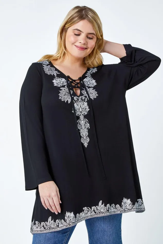 Black Curve Border Print VNeck Lace Up Tunic Top Women Roman Tops
