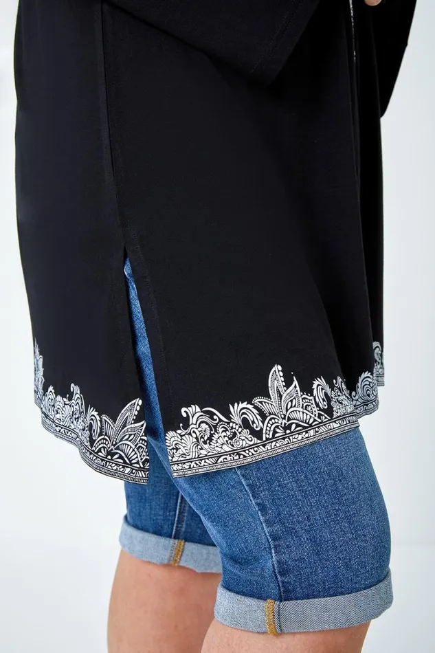 Black Curve Border Print VNeck Lace Up Tunic Top Women Roman Tops