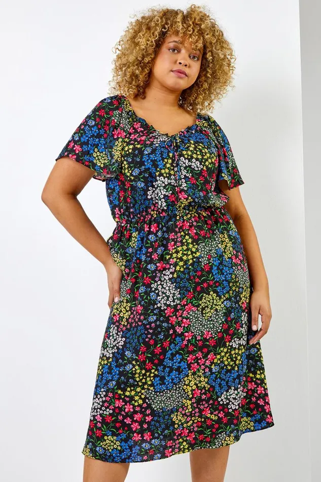 Black Curve Ditsy Floral Print Sweetheart Midi Dress Women Roman Dresses